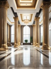 Luxury interior lobby of modern commercial building with clean shiny floor in hall and roman columns, gold theme from Generative AI