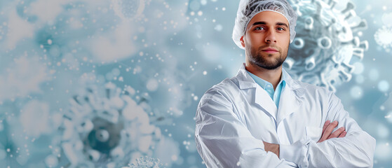 portrait of a person or doctor in a mask eith virus