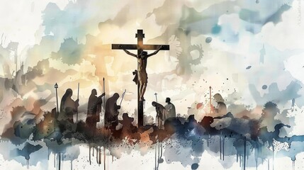 Digital Watercolor Painting of Crucifixion of Jesus Christ - obrazy, fototapety, plakaty