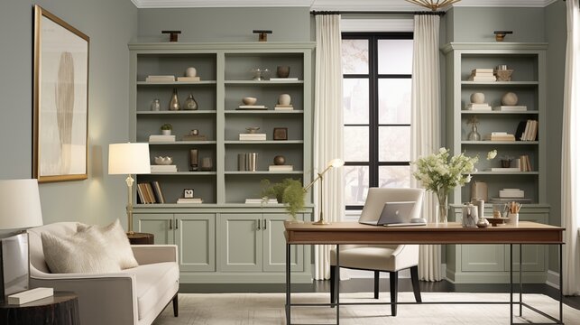Transitional-inspired Home Office with Soft Gray-green Walls and Timeless Elegance Design a sophisticated and inviting home office with soft gray-green walls that exude warmth and sophistication