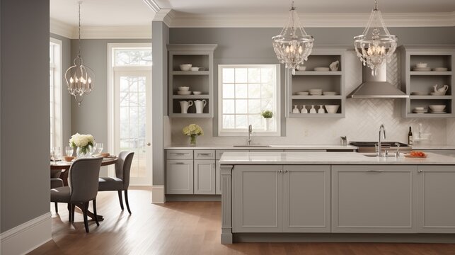 Transitional-inspired Kitchen with Soft Gray Walls and Timeless Elegance Design a timeless and elegant kitchen with soft gray walls that exude warmth and sophistication
