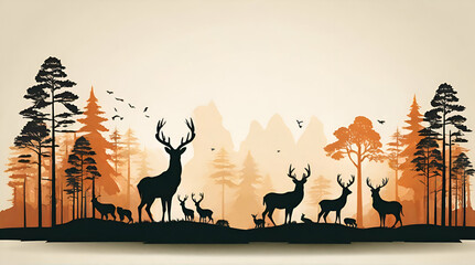 Vector vintage forest landscape with blue and grees silhouettes of trees and wild animals. generative.ai