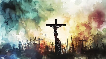 Digital Watercolor Painting of Crucifixion of Jesus Christ - obrazy, fototapety, plakaty