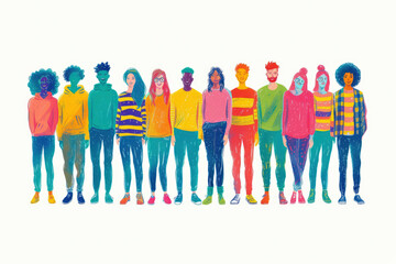 Group of people standing, celebrating diversity and inclusion in this sketch
