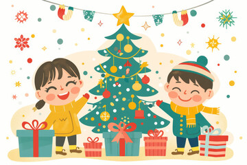 A happy family with a Christmas tree and presents, no gradients