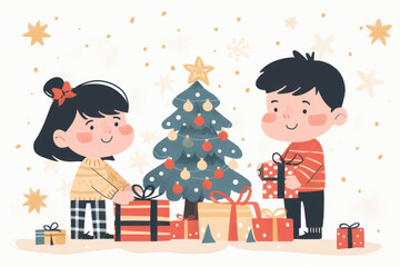 A happy family with a Christmas tree and presents, no gradients