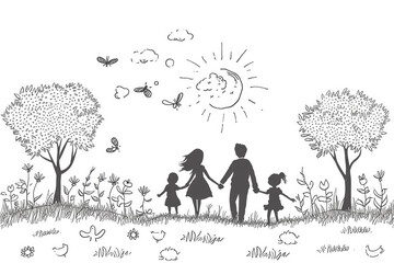 Happy family have fun with continuous white line drawing style,Draw white line of Children playing in garden