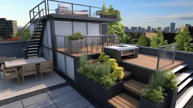 Urban Rooftop Garden with Roof Access Stairs Create an urban oasis on your rooftop with a rooftop garden that offers stunning views and outdoor living space