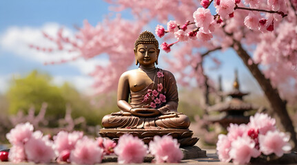 beautiful cherry blossoms around the buddha statue in springtime, sunshine on idyllic garden with cherry tree and buddha on blurred sky background with copy . generative.ai