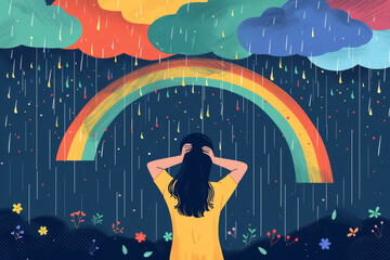 A woman look at above with the rainbow between storm cloud and shiny cloud