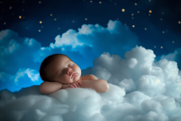 Newborn Infant Baby Boy Peacefully Sleeping on a Cloud in the Night Sky