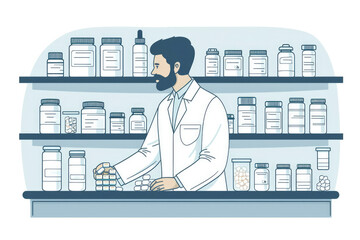 Pharmacist working with different medicine outline
