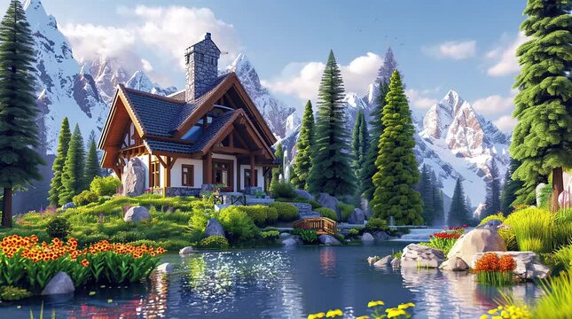 Enchanting fantasy house nestled among pine trees overlooking a tranquil lake on a sunny day, evoking a sense of magic a Seamless looping 4k time-lapse virtual video animation background. Generated AI
