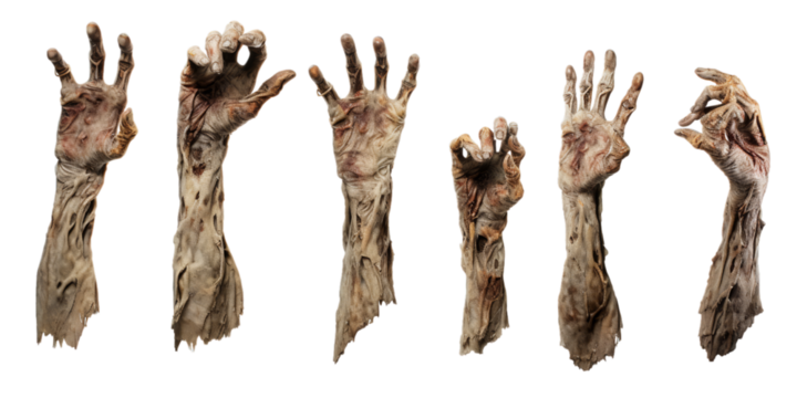 Collection of zombie arm isolated on a white background as transparent PNG
