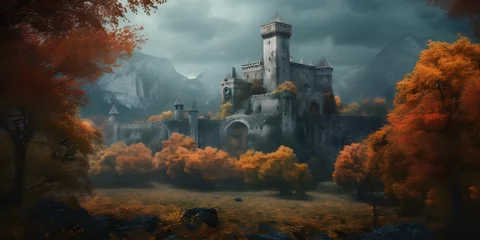 Foto op Plexiglas landscape of a medieval fantasy fortified castle and knights with colorful trees under vast blue sky, gloomy dark atmosphere © Pablo