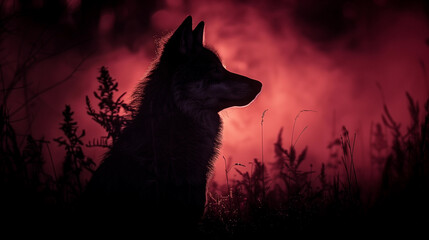 Lone wolf in a foggy field at sunrise - obrazy, fototapety, plakaty