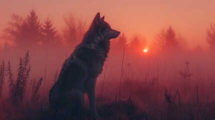 Lone wolf in a foggy field at sunrise