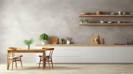 Corner of stylish kitchen with white walls, concrete floor, white cupboards and wooden bar with stools. 3d rendering.jpeg