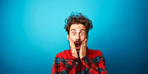 Man in Red Plaid Shirt with Surprised Look.
Excited man with a surprised look on blue background.