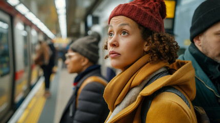 Curious woman waiting at subway station.
