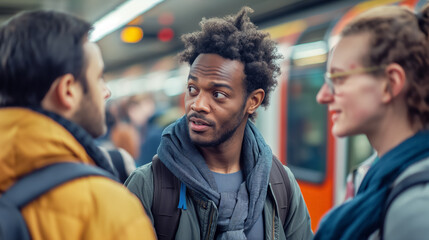 Obraz premium Man conversing with friends on train.