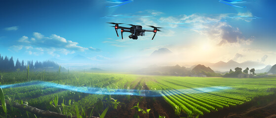 Fototapeta na wymiar drone flying on farmland at sunrise background