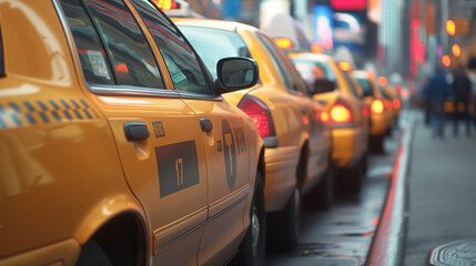 Row of taxis in a bustling city. - obrazy, fototapety, plakaty