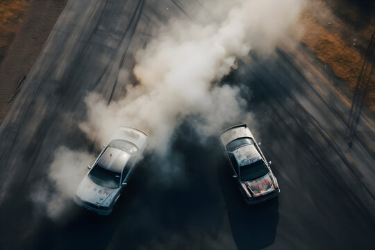 Two race cars competing in a drift war in this aerial top view shot on an asphalt race track. There is a lot of smoke from the burning tires 