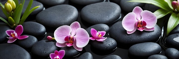 Fototapeta na wymiar pink flowers on black stones 