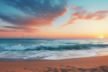 Fototapeta na wymiar A serene beach sunset scene with text space over the horizon