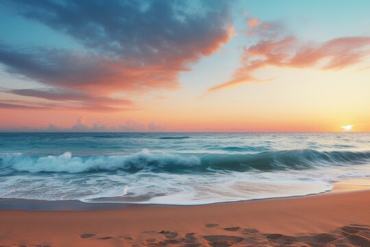 A serene beach sunset scene with text space over the horizon