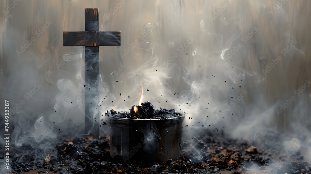 Sticker Ash Wednesday. Burning coals in the smoke on the background of the cross - Stickers