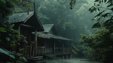 Rainy mist over forest cabin.