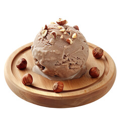 Fototapeta premium Front view of a ball scoop of hazelnut ice cream on a wooden tray isolated on a white transparent background