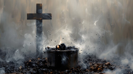 Ash Wednesday. Burning coals in the smoke on the background of the cross - obrazy, fototapety, plakaty