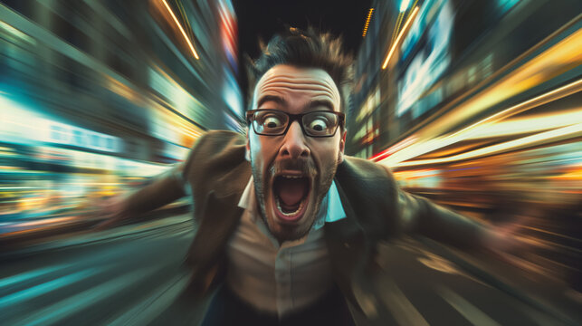 Shocked man with a blurred city.
