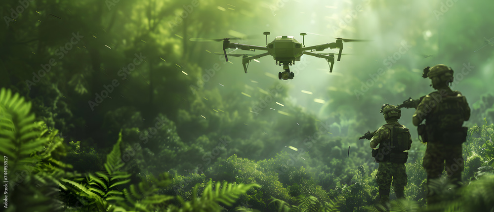 Sticker drone flying on farmland at sunrise background