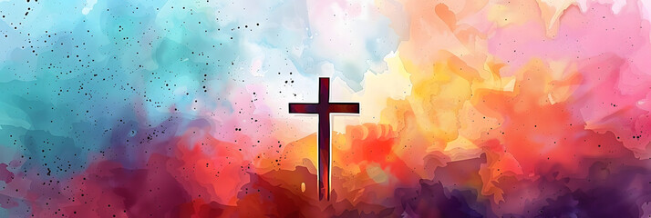 Cross of Jesus Christ on a colorful watercolor background. - obrazy, fototapety, plakaty
