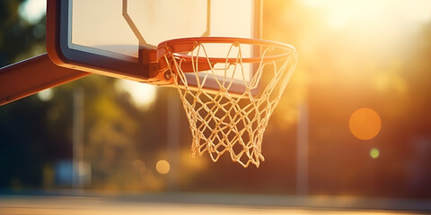 Basketball ball thrown through metal hoop at sunset, Street basketball hoop net on sunset background. Urban youth game. - obrazy, fototapety, plakaty
