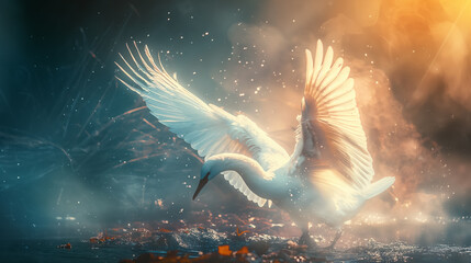 Swan soaring above fiery water.