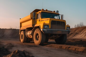 Fototapeta na wymiar yellow dump truck parked in a dirt field 