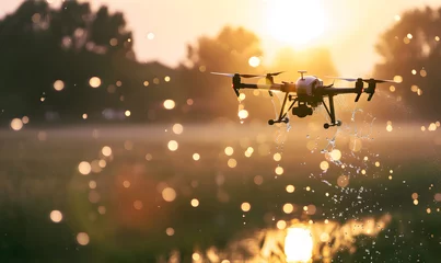 Zelfklevend Fotobehang Smart farm drone flying spray Modern technologies in agriculture. industrial drone flies over green field and sprays useful pesticides to increase productivity destroys harmful insects. © NaLan