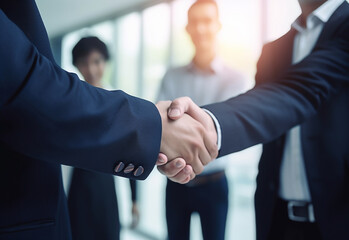 Photo of young successful business people hand shaking after meeting