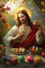 oil painting of jesus holding golden easter eggs surrounded by flowers