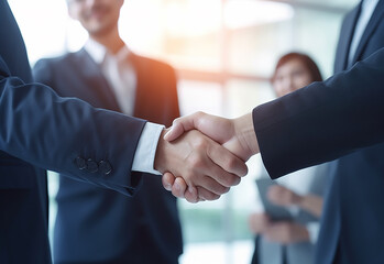 Photo of young successful business people hand shaking after meeting - obrazy, fototapety, plakaty