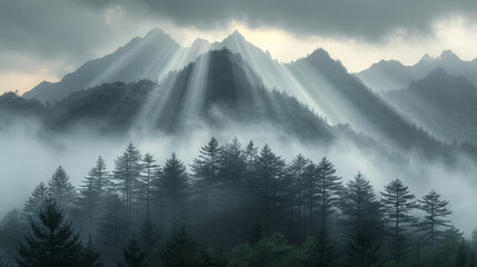 sharp jagged yellow mountains of Huangshan China covered in fog and clouds,generative ai - obrazy, fototapety, plakaty