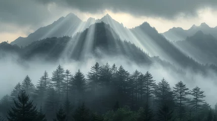 Fotobehang sharp jagged yellow mountains of Huangshan China covered in fog and clouds,generative ai © Suralai