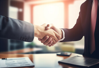 Photo of young successful business people hand shaking after meeting - obrazy, fototapety, plakaty
