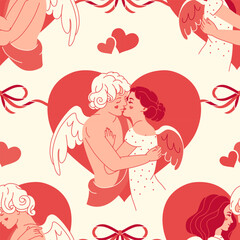Vintage seamless pattern with kissing couple. Tender angels in love. Romantic background. Seamless design for wedding or anniversary