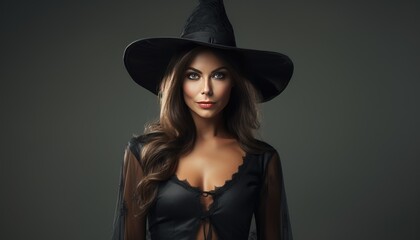 A woman in a witch costume posing on a white background